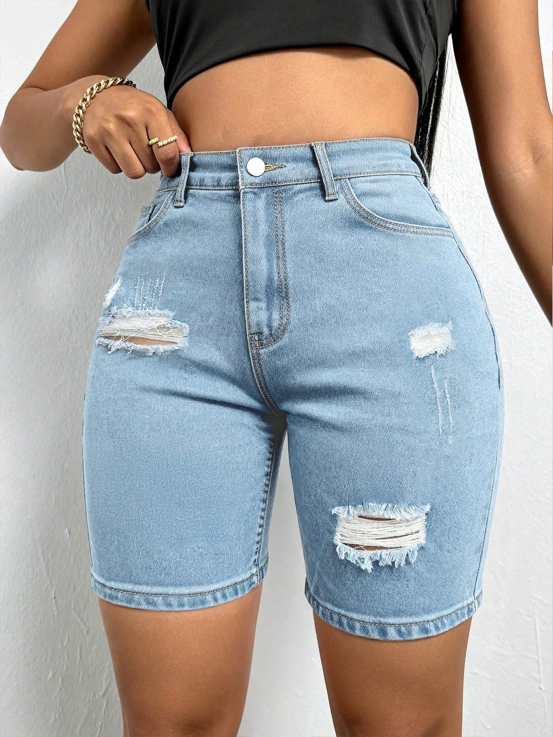 Women's Summer Casual Shorts For Cat Whisker Decor Elastic Skinny Denim