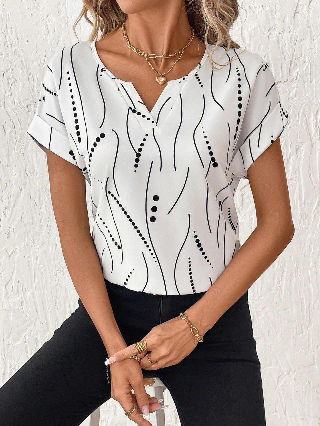 Women's V-Neck Polka Dot Print Short Sleeve Casual Shirt