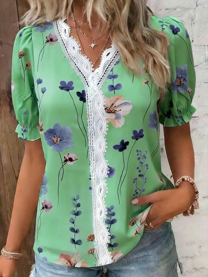 Womens Vacation Floral Print Contrast Lace Puff Sleeve Short Sleeve Shirt Top