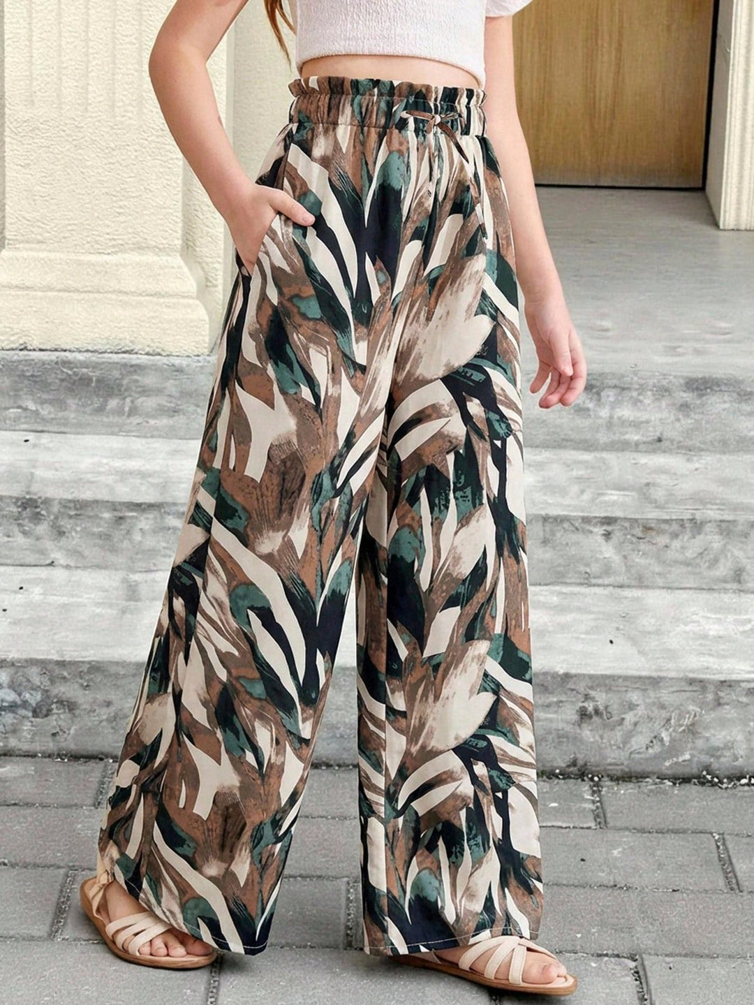Girls High Waist Leaf Print Wide Leg Casual Resort Pants