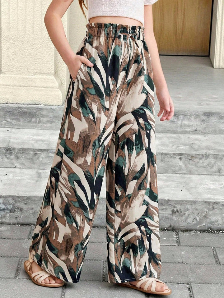 Girls High Waist Leaf Print Wide Leg Casual Resort Pants