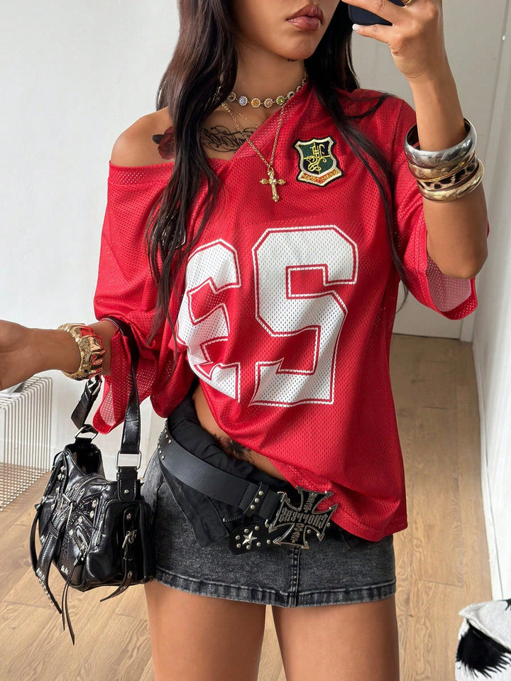 Womens Summer Mesh Baseball Jersey Number Print V Neck Sport Streetwear Top