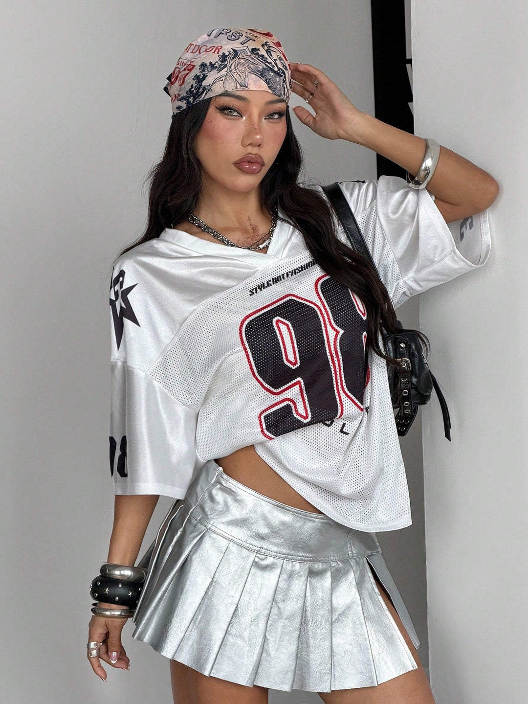 Womens Summer Mesh Baseball Jersey Number Print V Neck Sport Streetwear Top