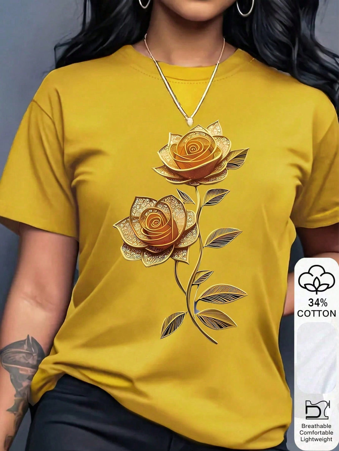 Women Purple Floral Print Round Neck Short Sleeve T-Shirt Summer Top