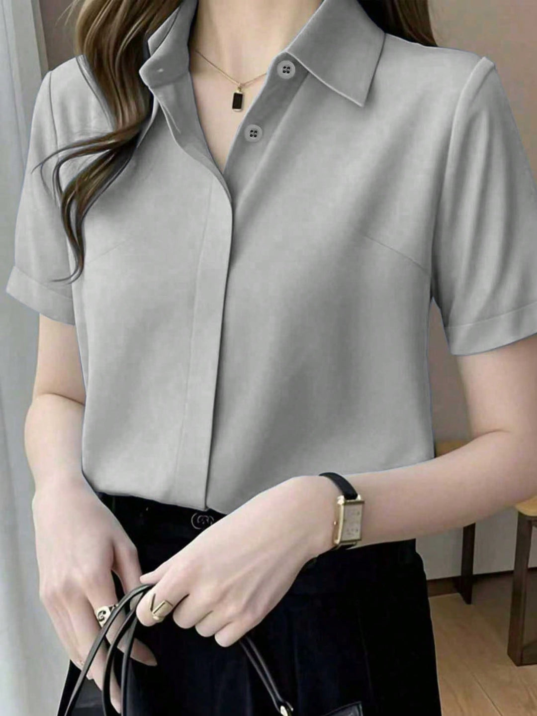 Womens Elegant Black Blouse Mature Urban Style Spring Top