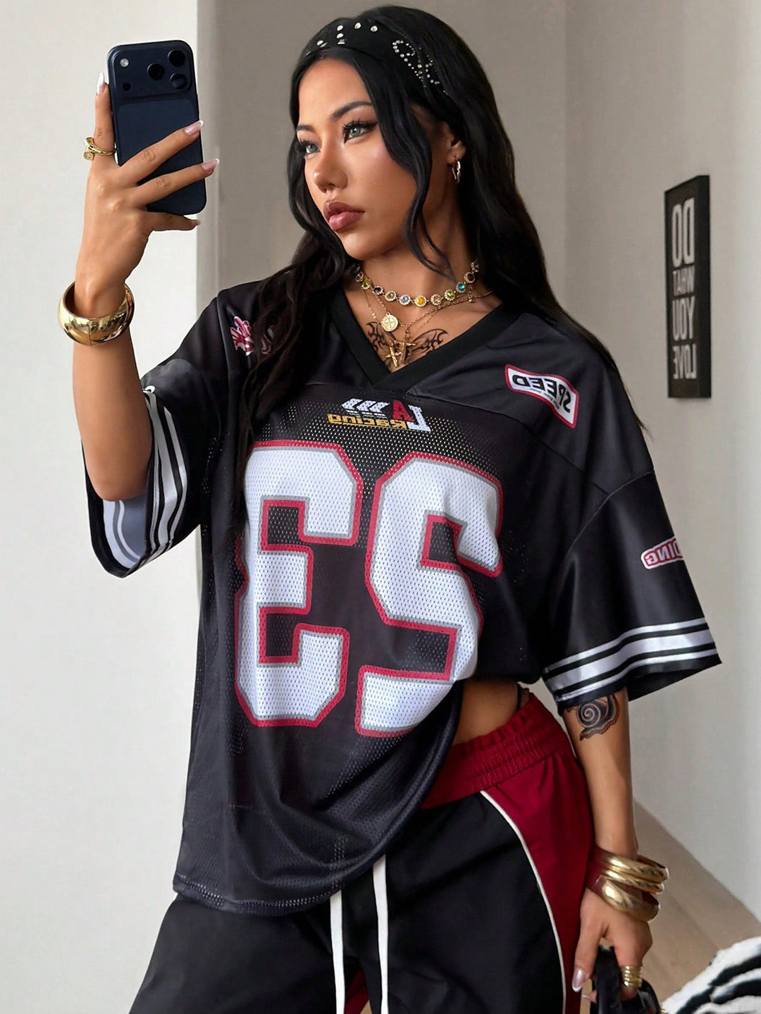 Womens Summer Mesh Baseball Jersey Number Print V Neck Sport Streetwear Top