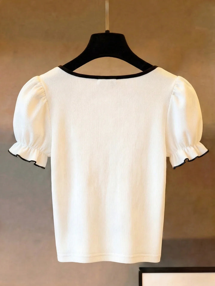 Womens Square Neck Color Block Puff Sleeve Casual Commuter Top