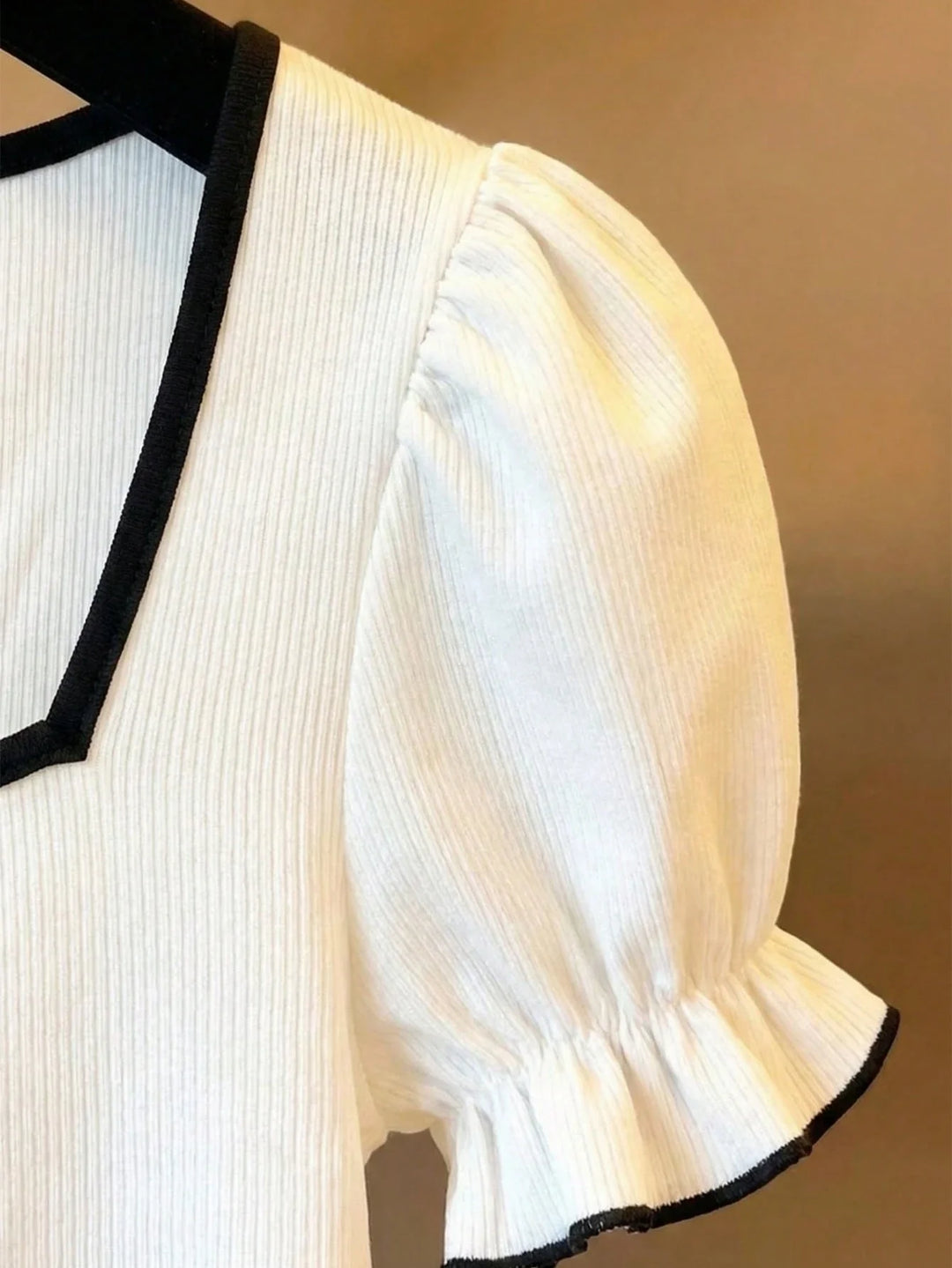 Womens Square Neck Color Block Puff Sleeve Casual Commuter Top