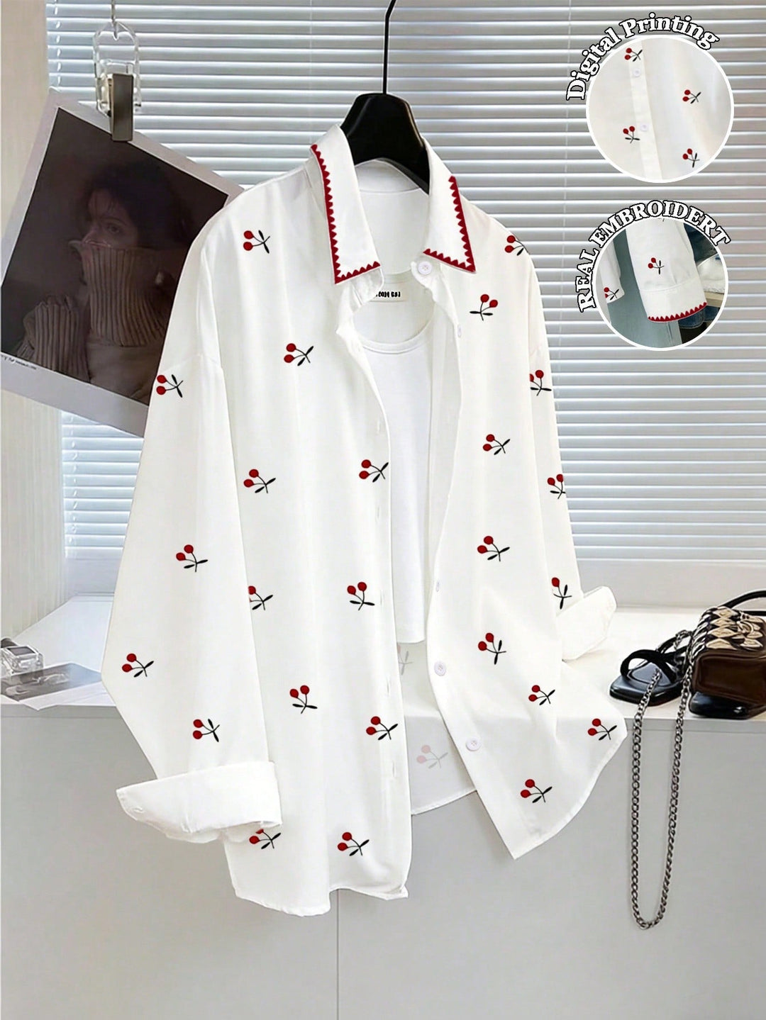 Women's Cherry Print Shirt, Autumn