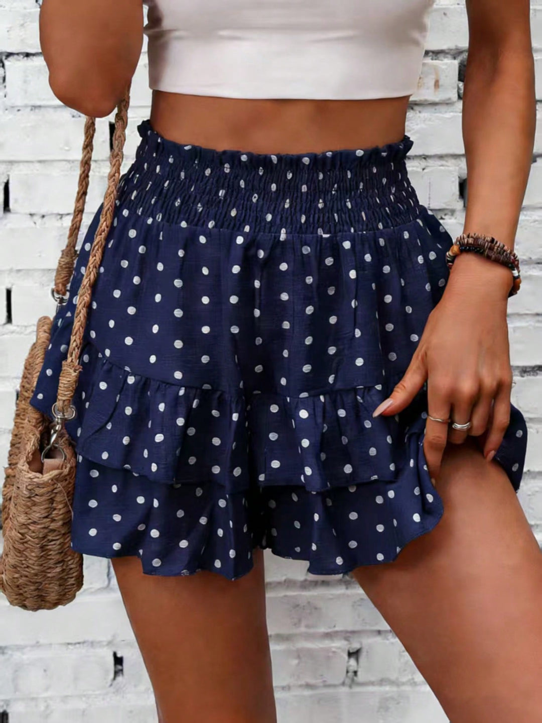 Women Casual Faux Linen Printed Ruffle Hem Waist Tie Skorts