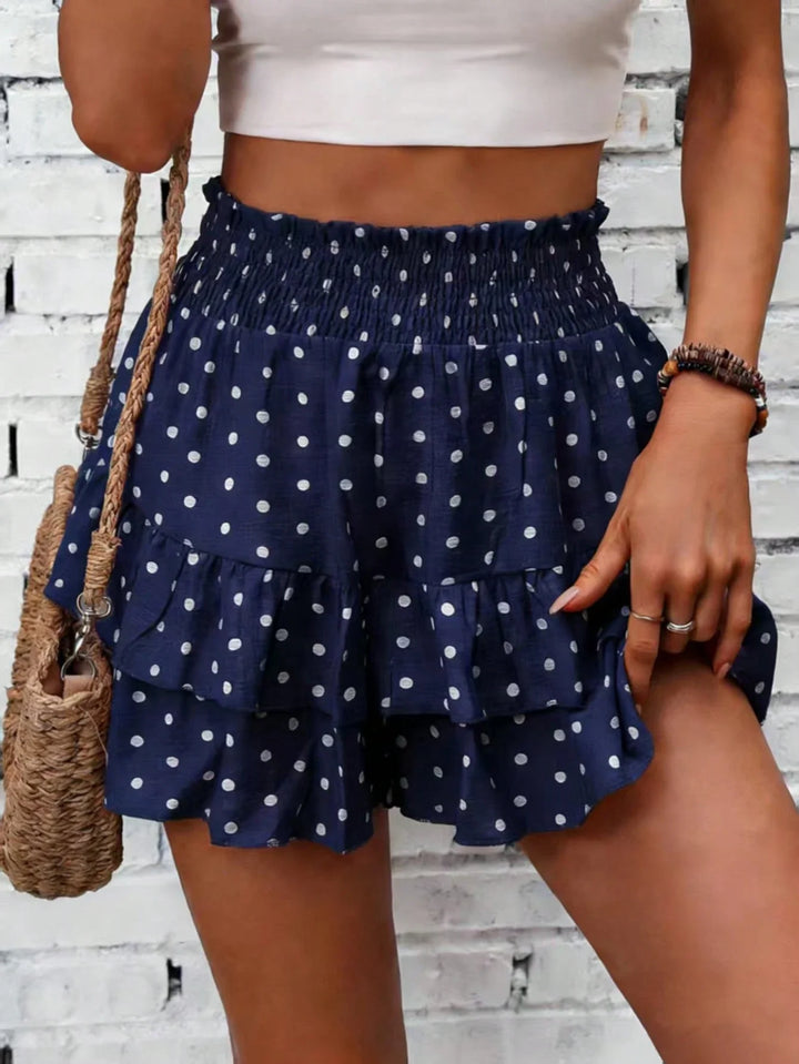 Women Casual Faux Linen Printed Ruffle Hem Waist Tie Skorts