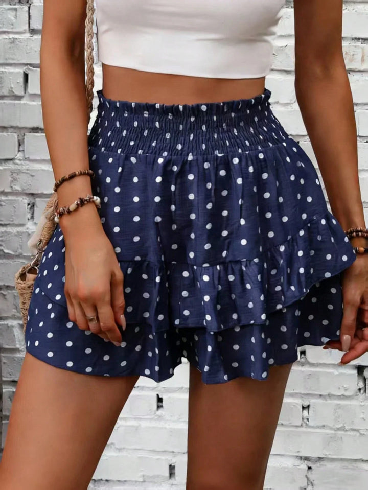 Women Casual Faux Linen Printed Ruffle Hem Waist Tie Skorts