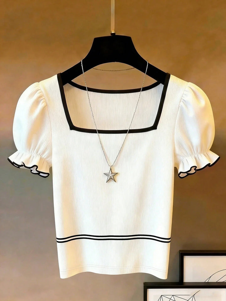 Womens Square Neck Color Block Puff Sleeve Casual Commuter Top