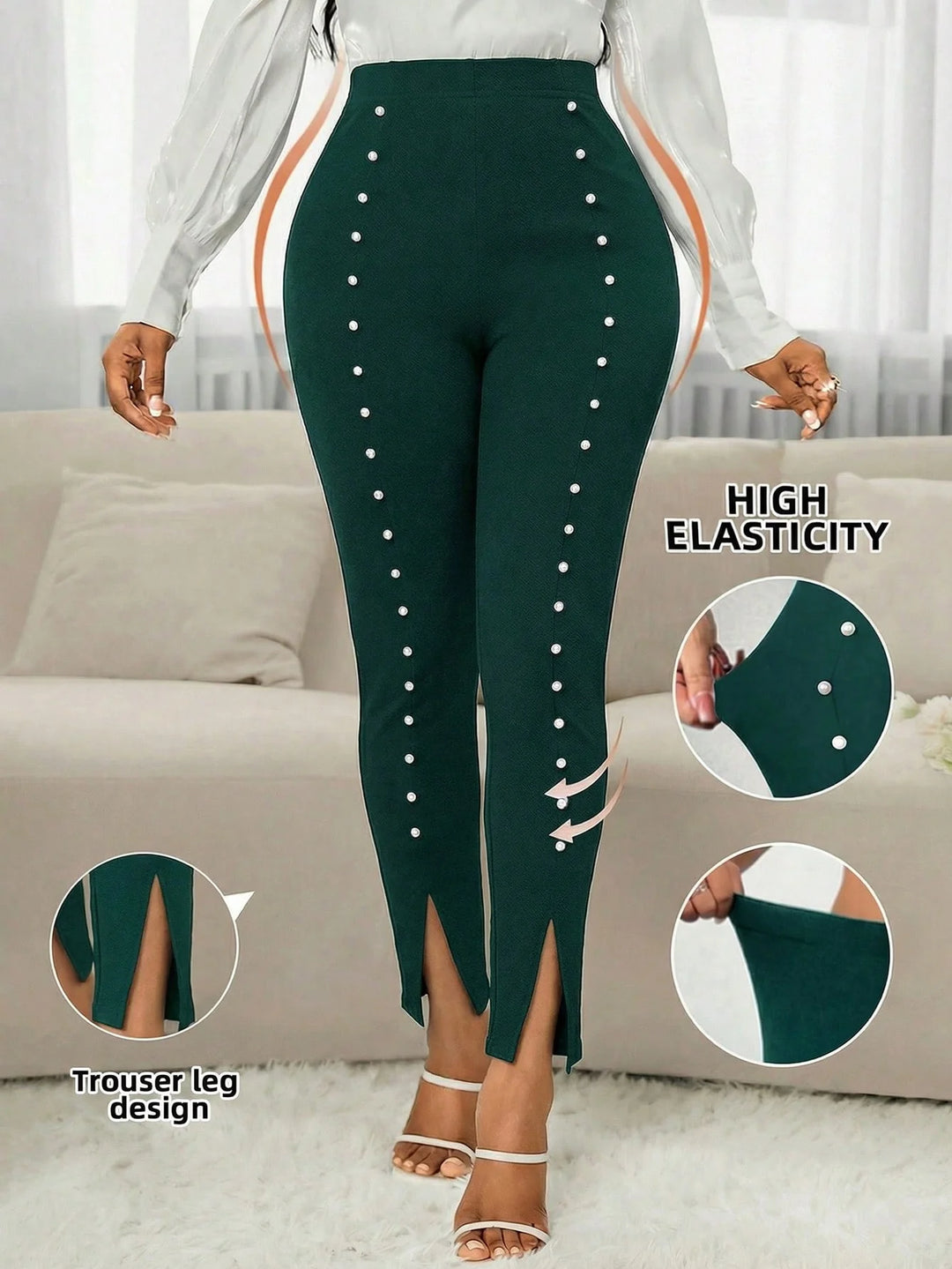 Women’s High Waist Beaded Slit Hem Dark Green Leggings