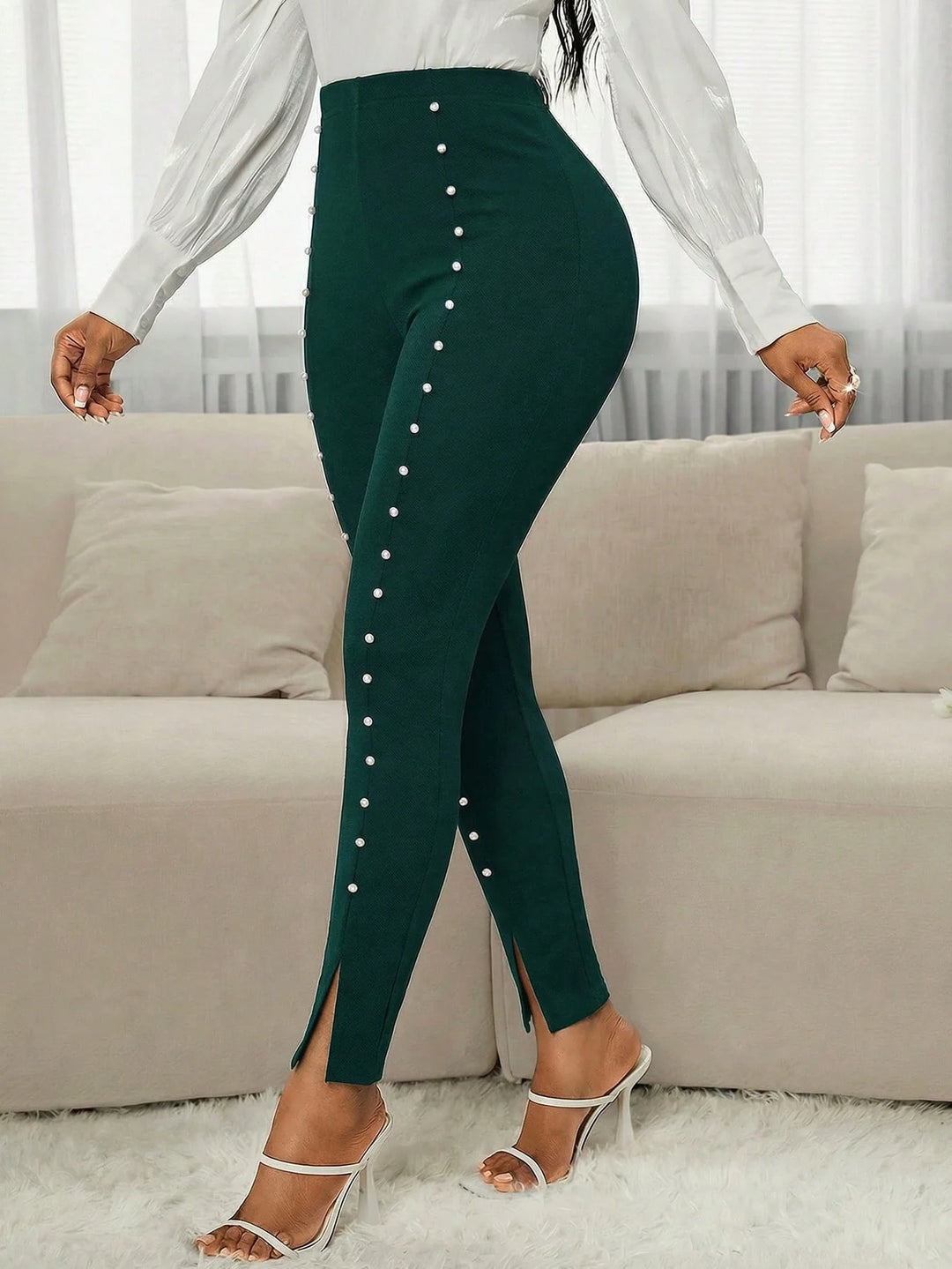 Women’s High Waist Beaded Slit Hem Dark Green Leggings