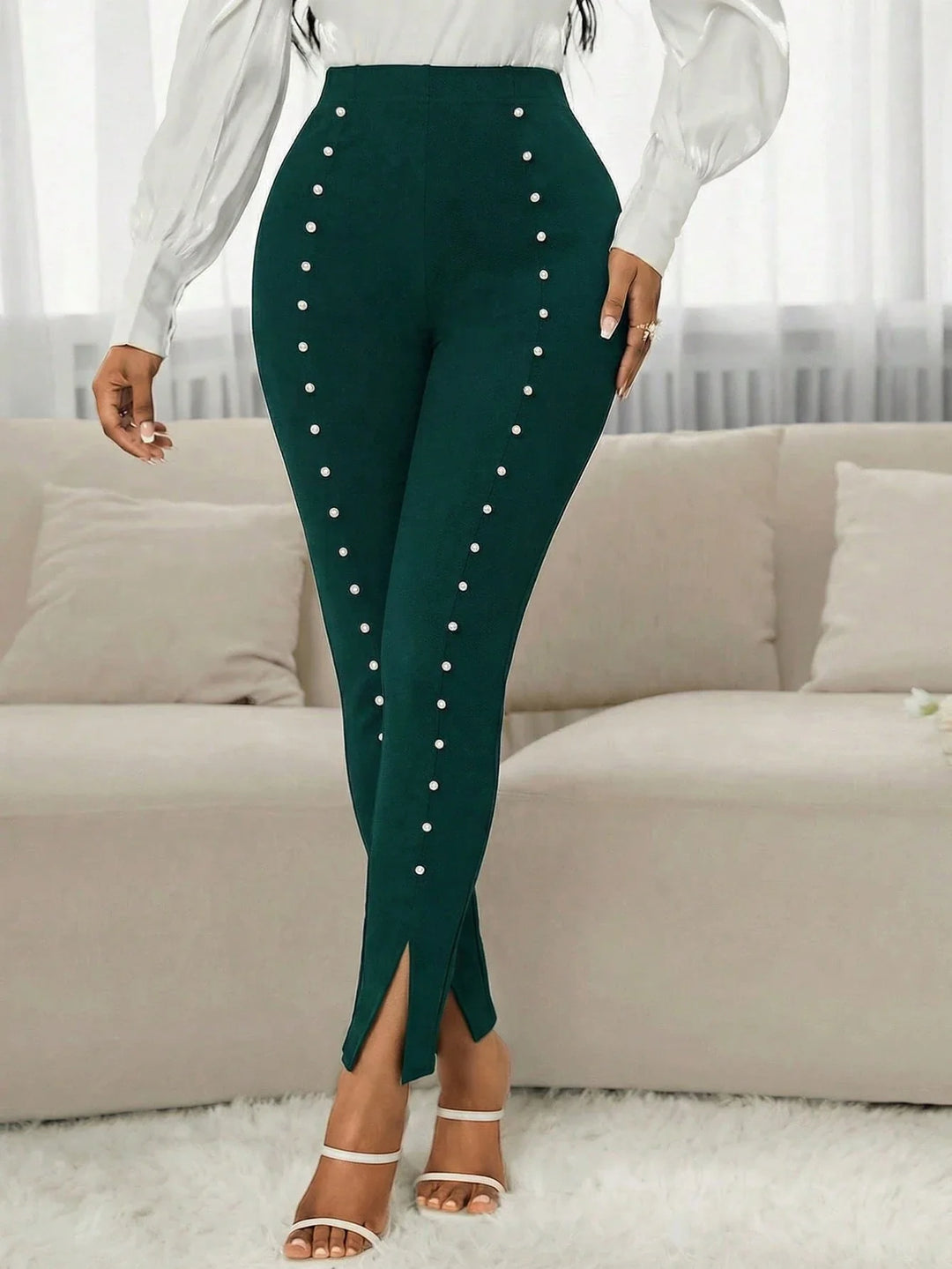 Women’s High Waist Beaded Slit Hem Dark Green Leggings