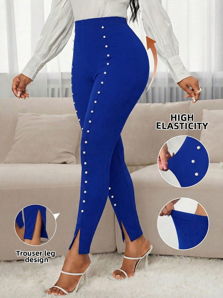 Women’s High Waist Beaded Slit Hem Dark Green Leggings