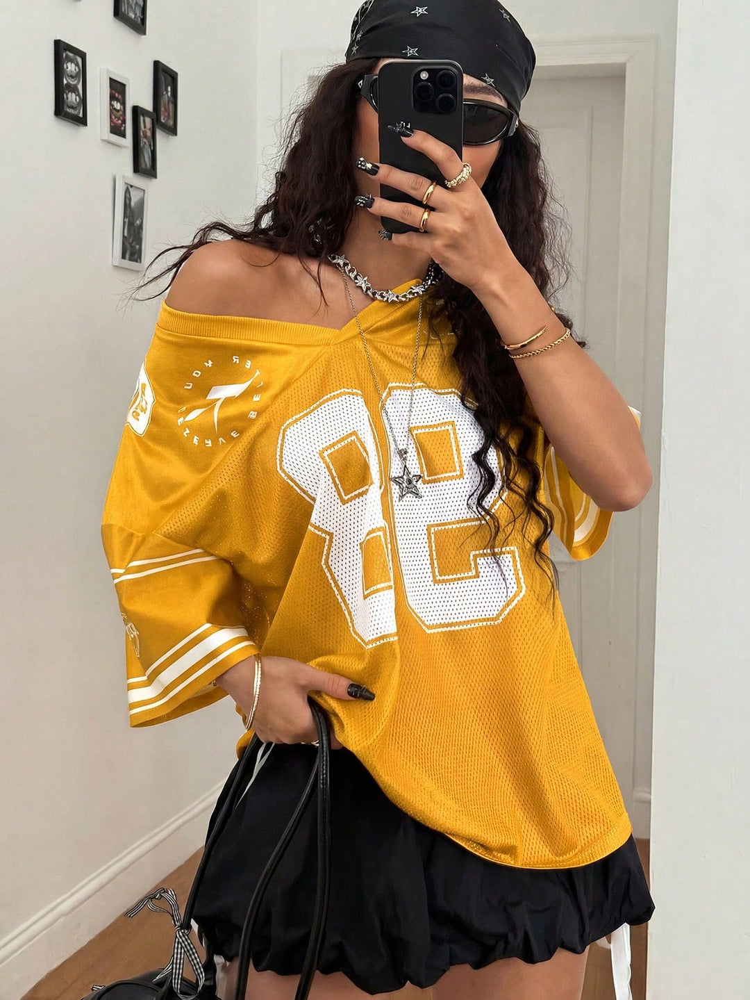 Womens Summer Mesh Baseball Jersey Number Print V Neck Sport Streetwear Top