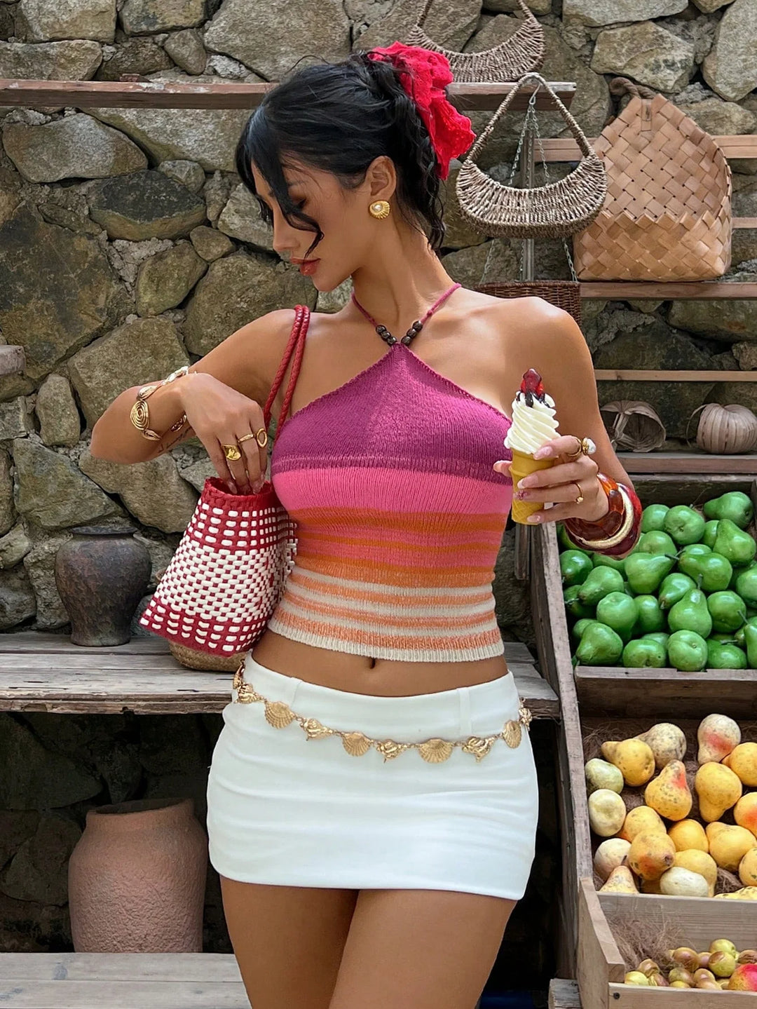 Womens Boho Beaded Halter Backless Floral Mesh Knit Summer Vacation Top