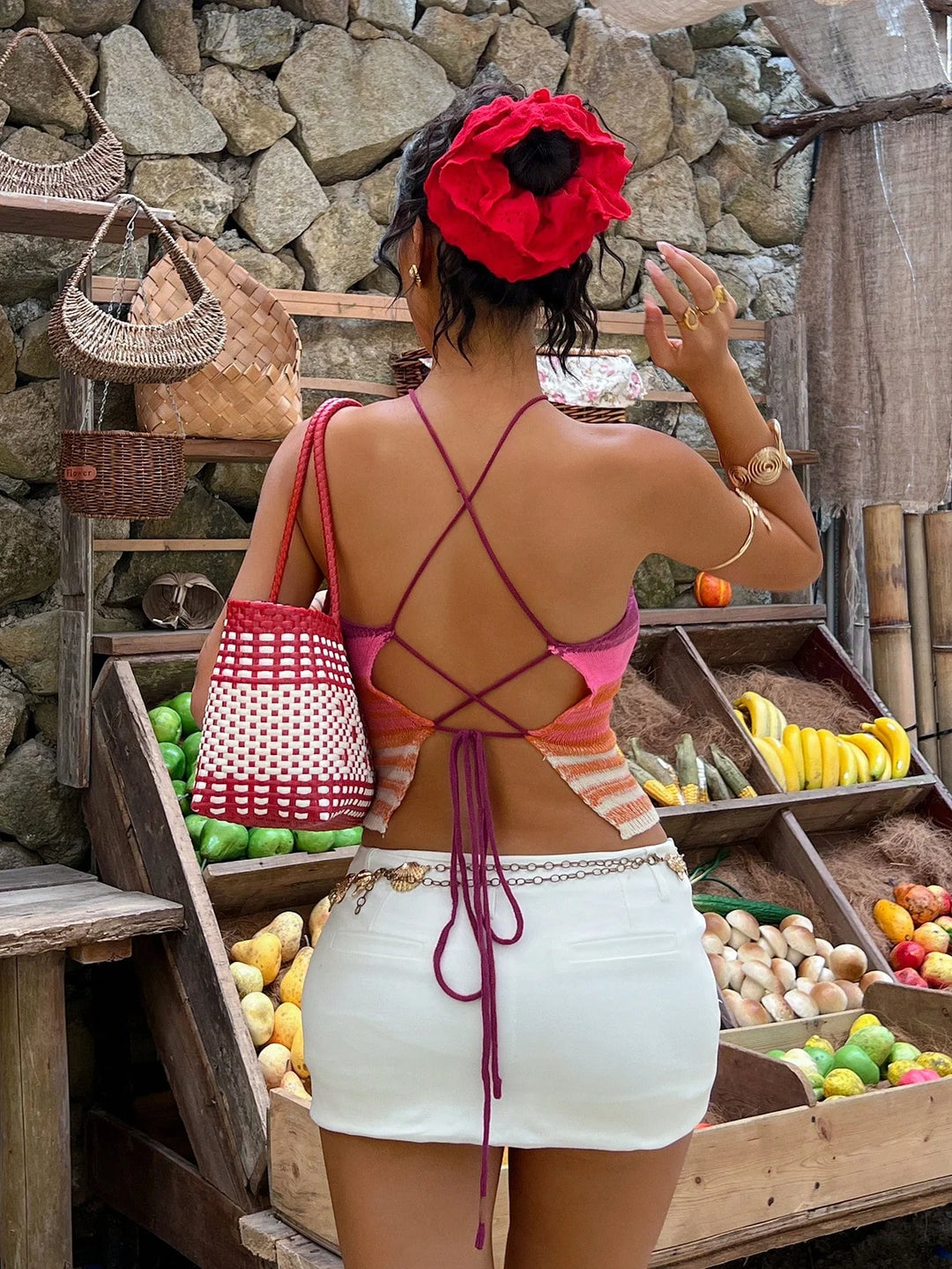 Womens Boho Beaded Halter Backless Floral Mesh Knit Summer Vacation Top