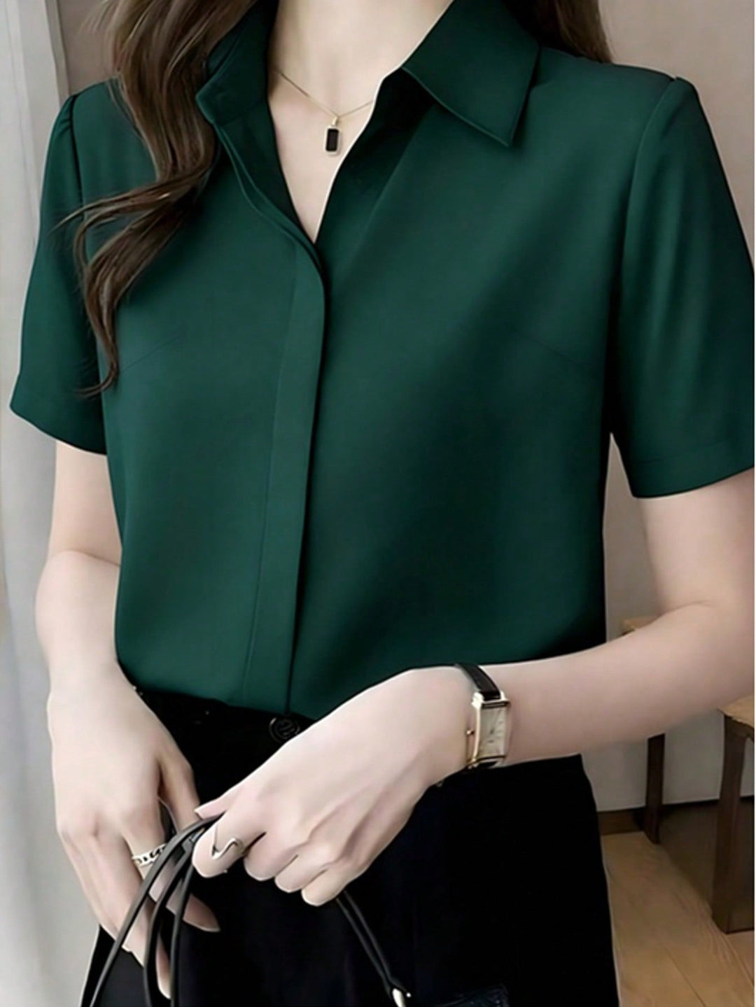 Womens Elegant Black Blouse Mature Urban Style Spring Top