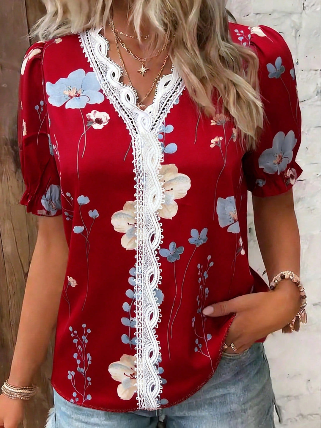 Womens Vacation Floral Print Contrast Lace Puff Sleeve Short Sleeve Shirt Top