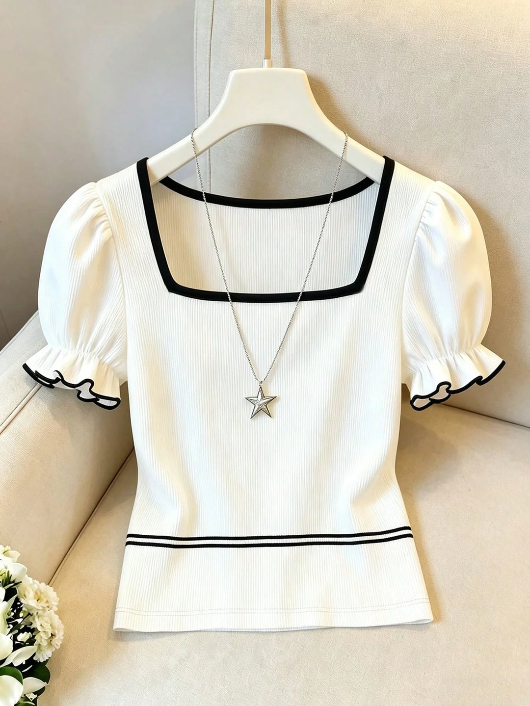 Womens Square Neck Color Block Puff Sleeve Casual Commuter Top