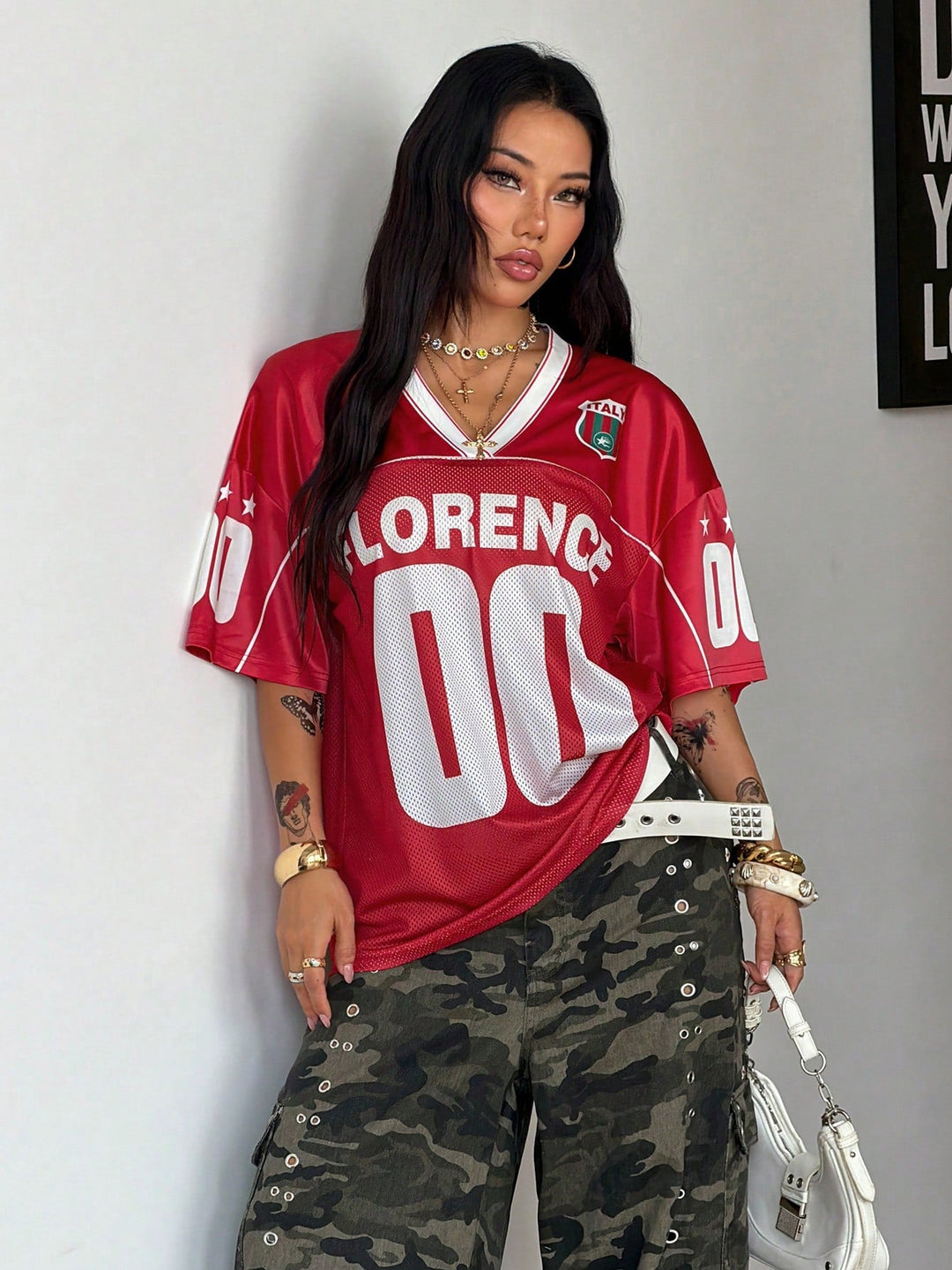 Womens Summer Mesh Baseball Jersey Number Print V Neck Sport Streetwear Top