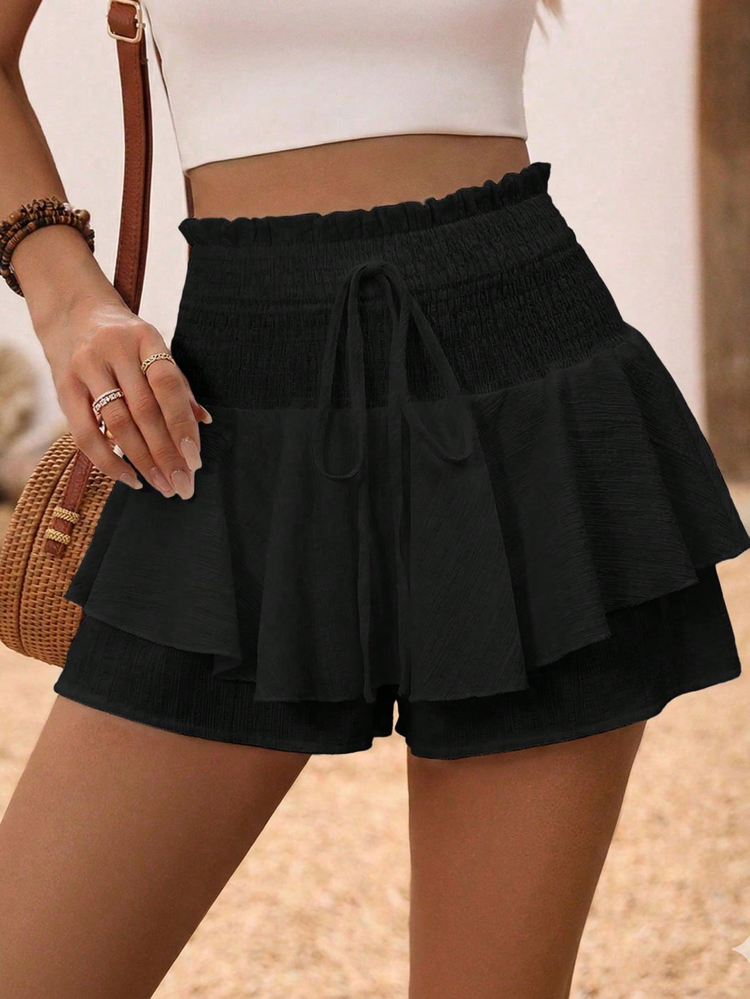 Women Solid Color Belted Pleated Ruffle Hem Spring/Summer Shorts