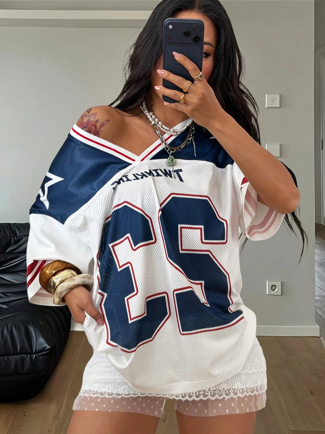Womens Summer Mesh Baseball Jersey Number Print V Neck Sport Streetwear Top