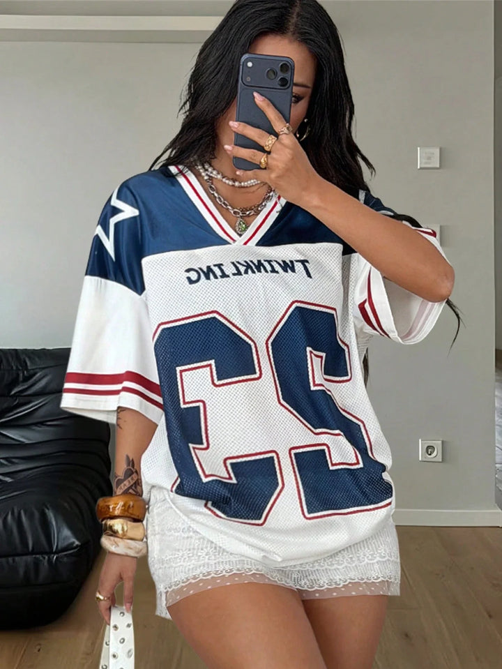 Womens Summer Mesh Baseball Jersey Number Print V Neck Sport Streetwear Top