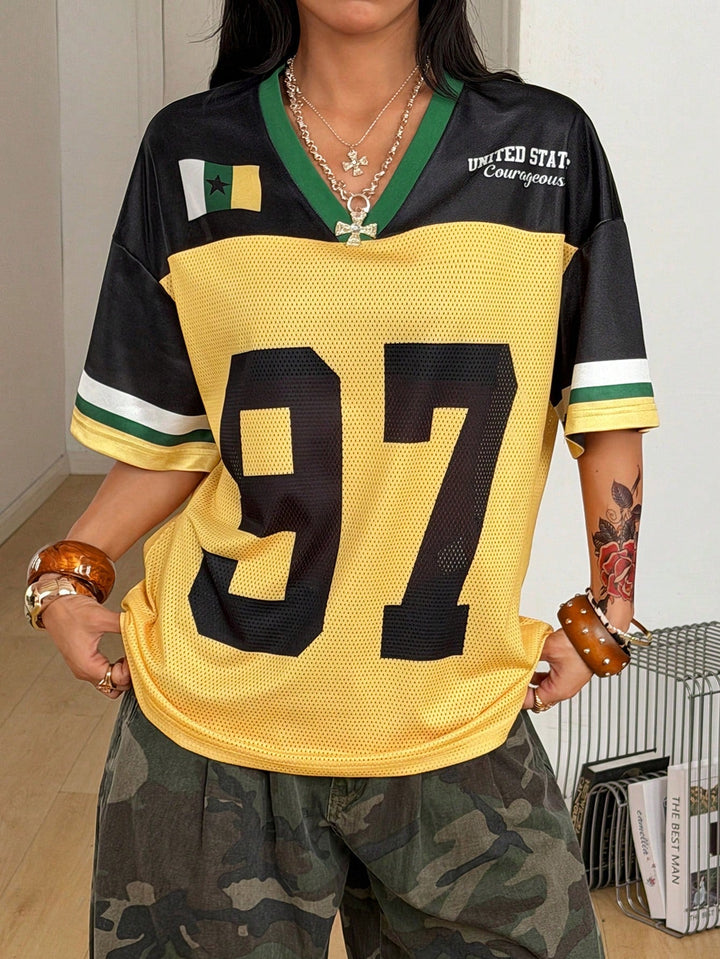 Womens Summer Mesh Baseball Jersey Number Print V Neck Sport Streetwear Top