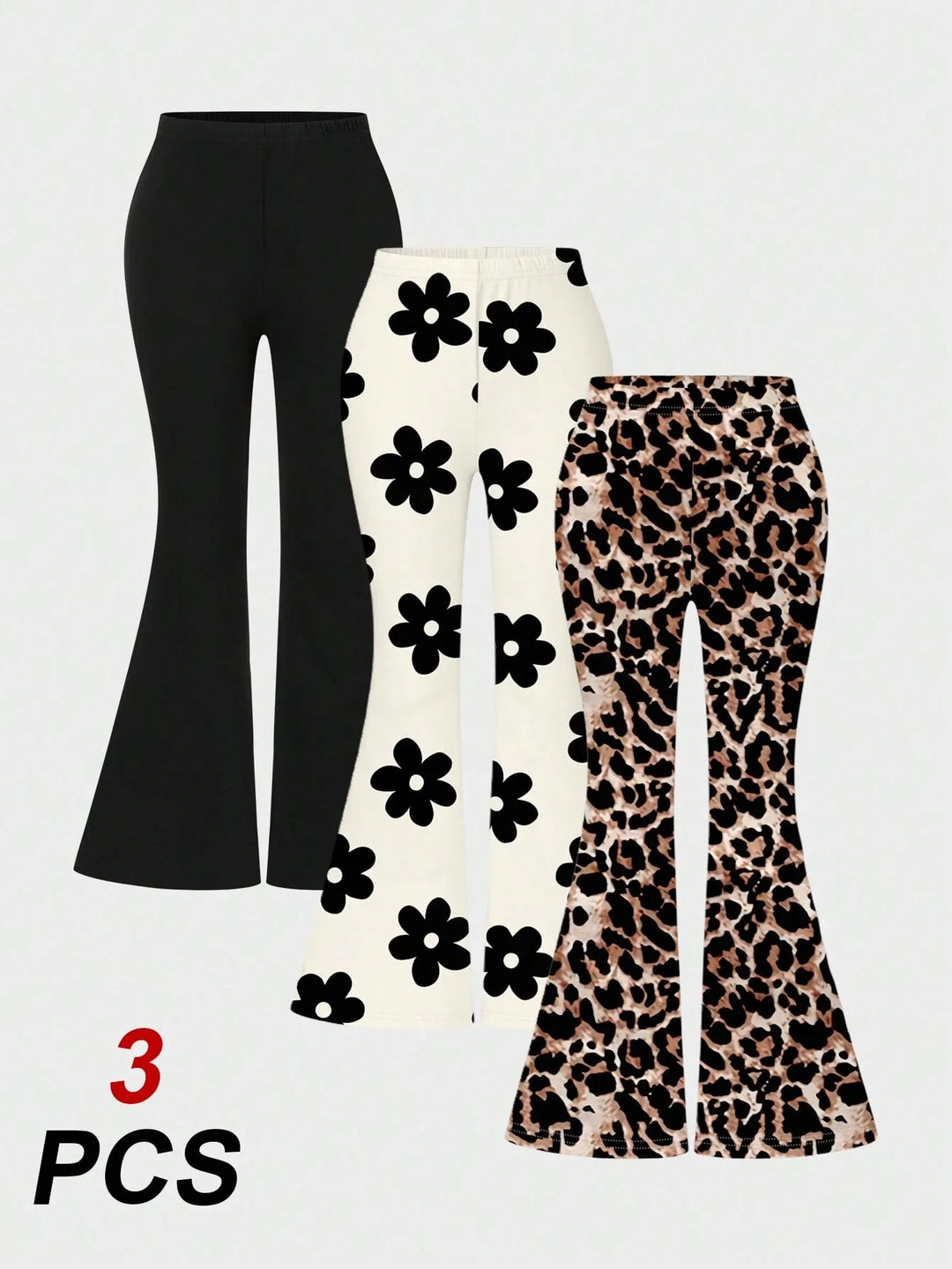 Girls 3pcs Flared Pants Leopard Floral Print Casual Set