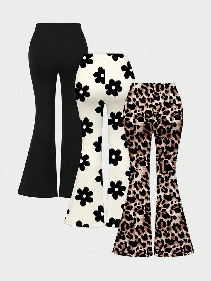 Girls 3pcs Flared Pants Leopard Floral Print Casual Set