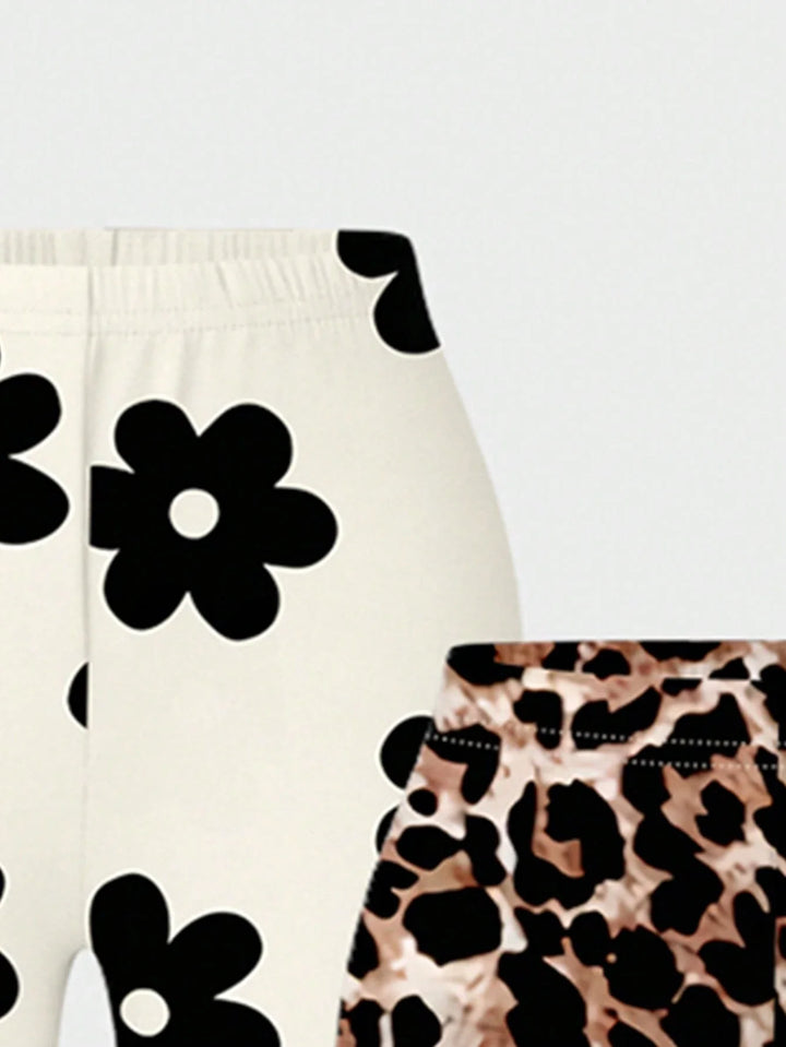 Girls 3pcs Flared Pants Leopard Floral Print Casual Set