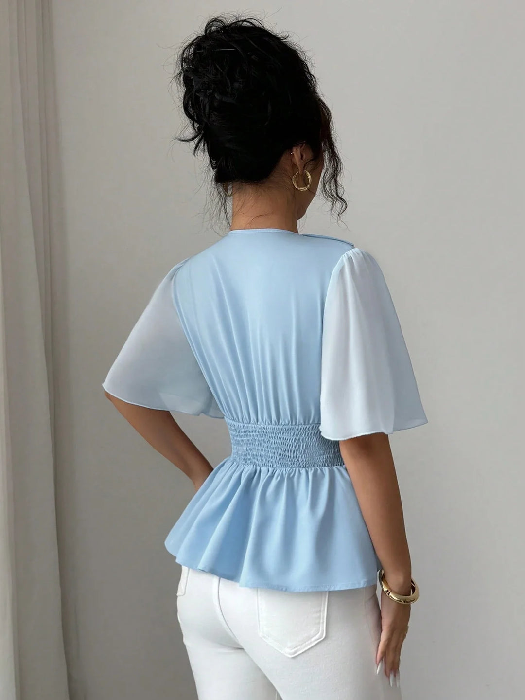 Womens Elegant Light Blue Mesh Ruffle Trim Patchwork Blouse Casual Holiday Party Top