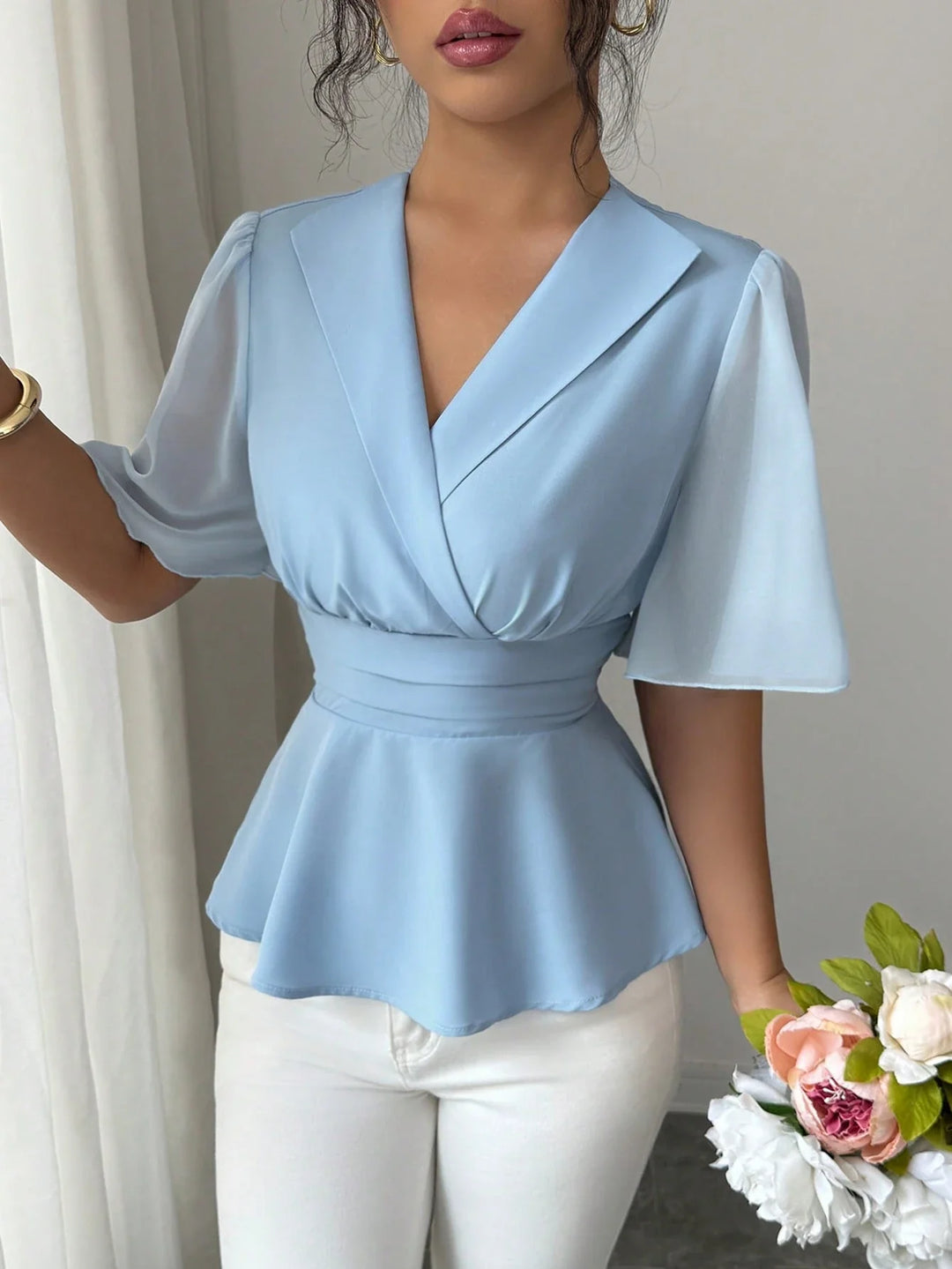 Womens Elegant Light Blue Mesh Ruffle Trim Patchwork Blouse Casual Holiday Party Top