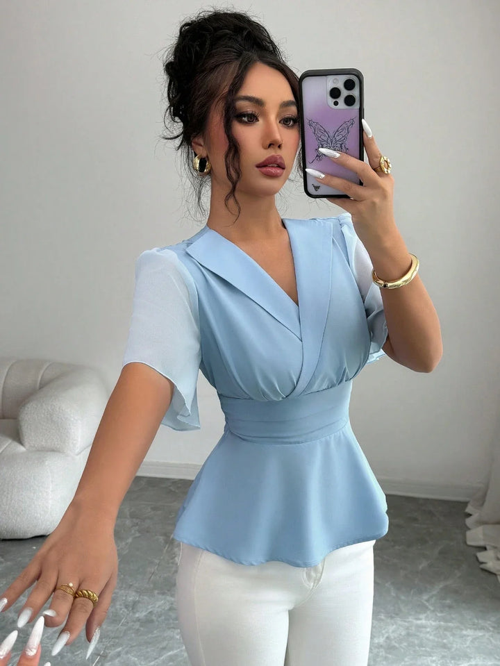 Womens Elegant Light Blue Mesh Ruffle Trim Patchwork Blouse Casual Holiday Party Top