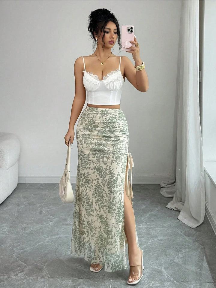 Women Elegant Leopard Print Mesh Elastic Waist High Slit A-Line Skirt