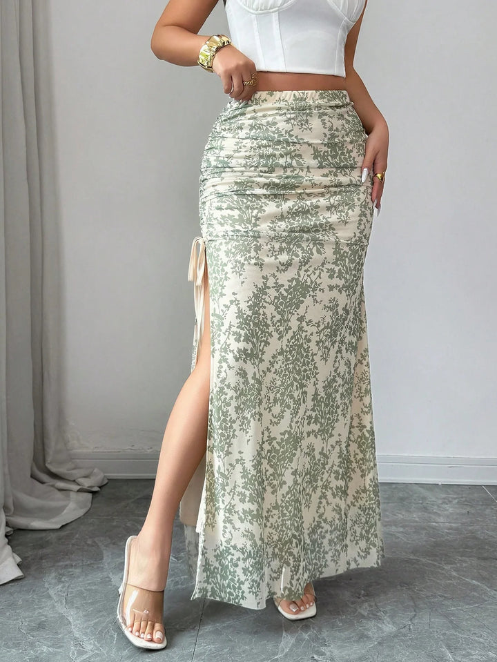 Women Elegant Leopard Print Mesh Elastic Waist High Slit A-Line Skirt
