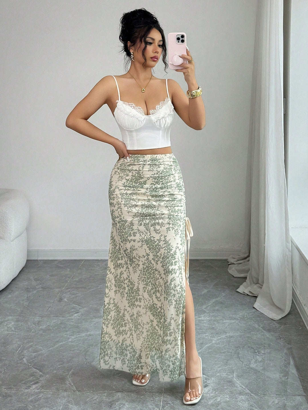 Women Elegant Leopard Print Mesh Elastic Waist High Slit A-Line Skirt