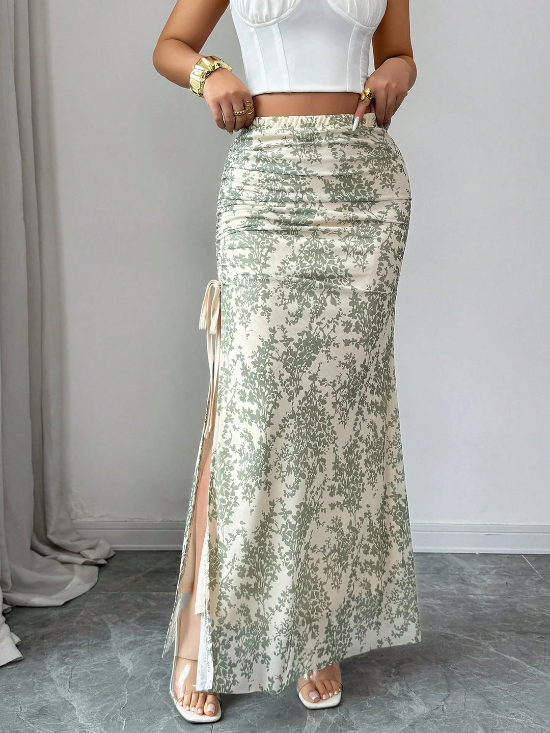 Women Elegant Leopard Print Mesh Elastic Waist High Slit A-Line Skirt