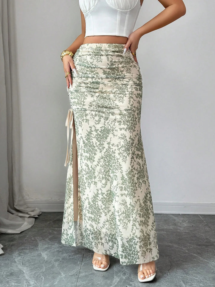 Women Elegant Leopard Print Mesh Elastic Waist High Slit A-Line Skirt