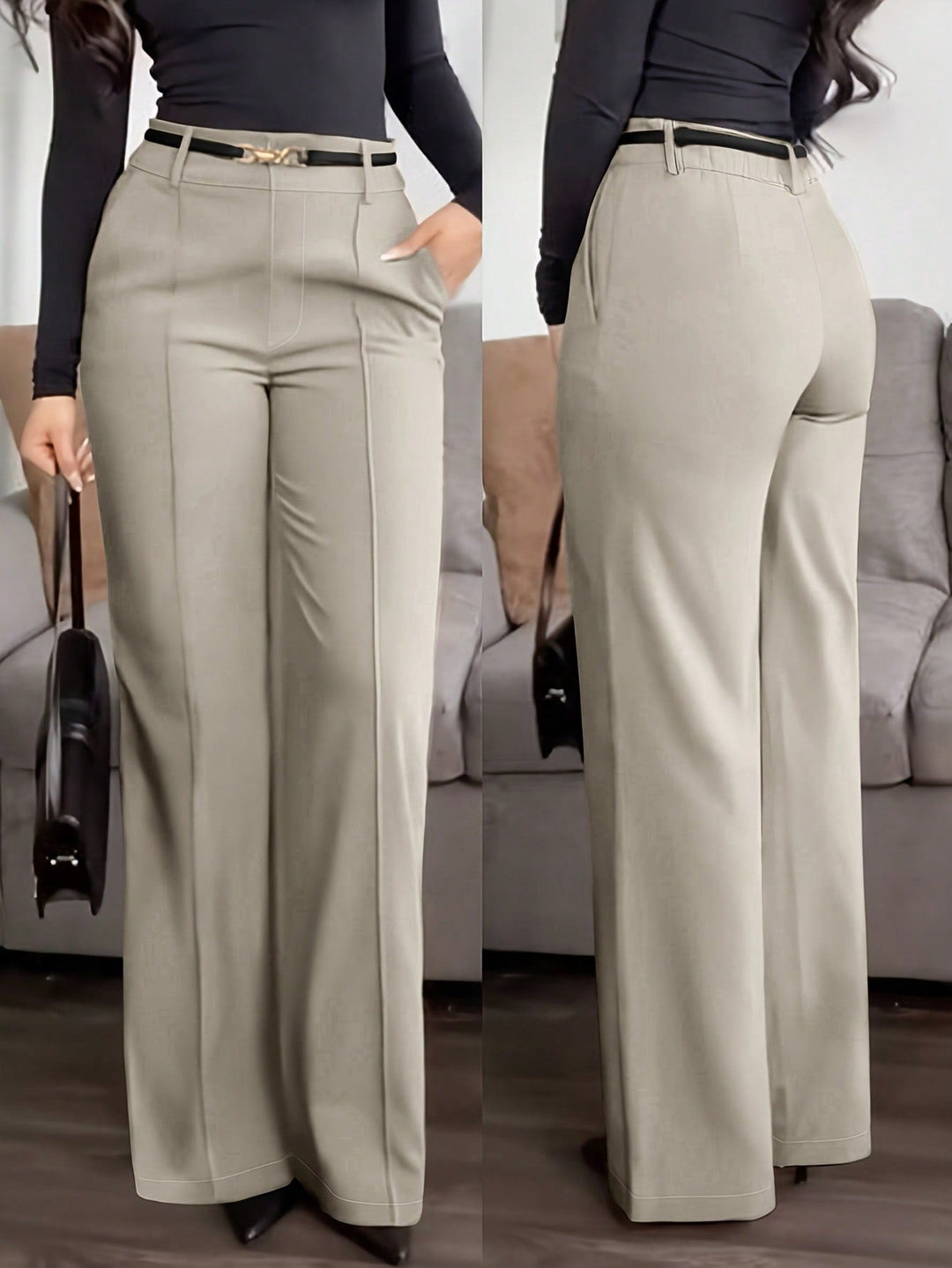 Womens Solid Straight Leg Suit Pants Zipper Pocket Casual Office Wear