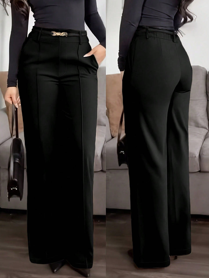 Womens Solid Straight Leg Suit Pants Zipper Pocket Casual Office Wear