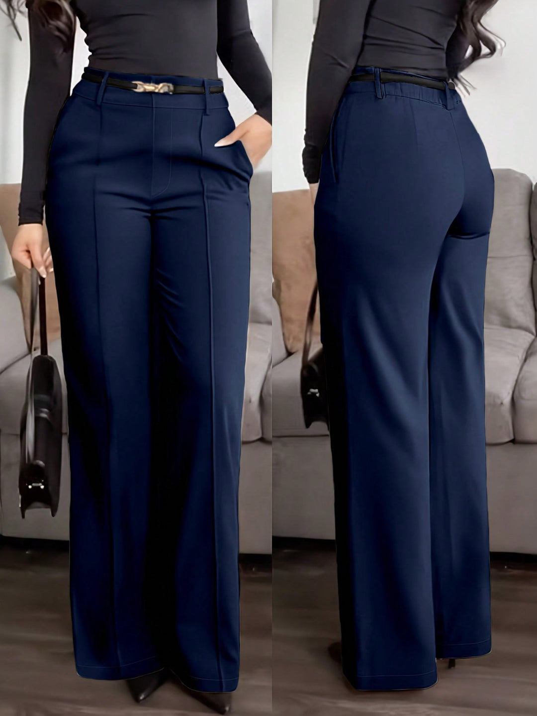Womens Solid Straight Leg Suit Pants Zipper Pocket Casual Office Wear