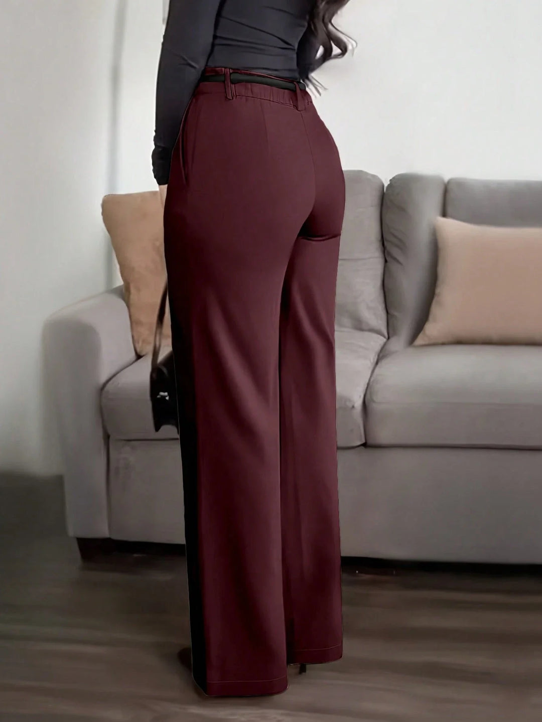 Womens Solid Straight Leg Suit Pants Zipper Pocket Casual Office Wear