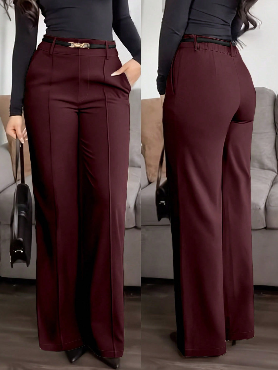 Womens Solid Straight Leg Suit Pants Zipper Pocket Casual Office Wear