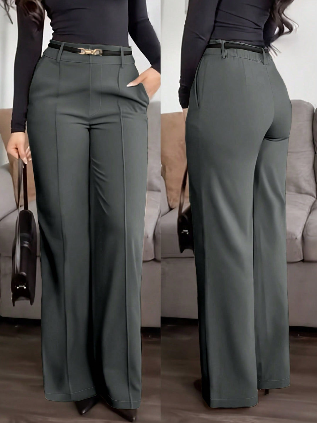 Womens Solid Straight Leg Suit Pants Zipper Pocket Casual Office Wear