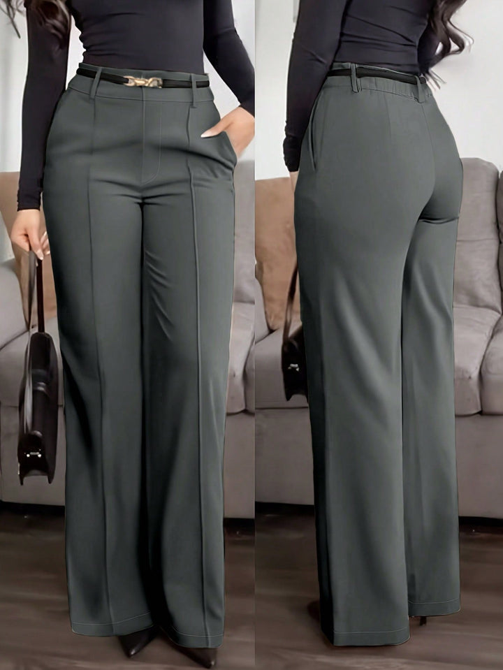 Womens Solid Straight Leg Suit Pants Zipper Pocket Casual Office Wear